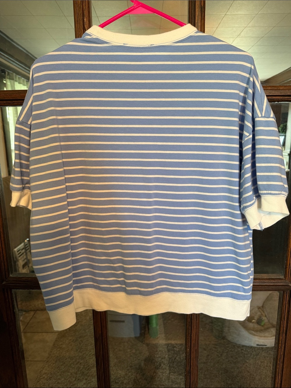 Zenana Striped Short Sleeve Ribbed Trim Top Light Blue White Clean Girl Boxy Fit - Picture 5 of 5